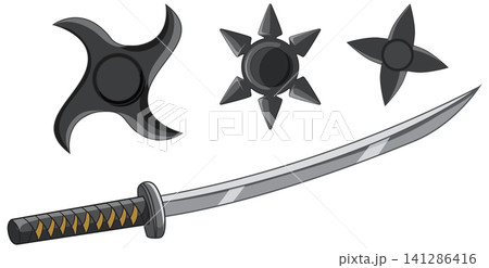 Traditional Japanese Ninja Weapons Set with Katana and Shuriken Stars Traditional Japanese Ninja Weapons Set with Katana and Shuriken Stars 141286416