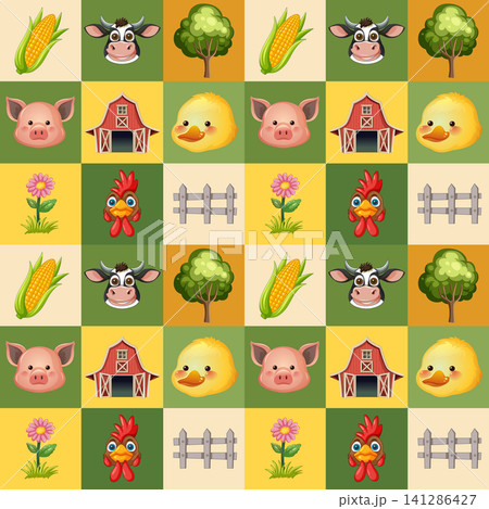 Seamless Cartoon Farm Animal and Agriculture Pattern on Checkered Background Seamless Cartoon Farm Animal and Agriculture Pattern on Checkered Background 141286427