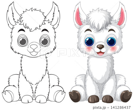 Cute Baby Llama Vector Illustration with Line Art Coloring Page 141286437