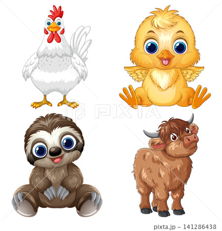 Cute Cartoon Baby Animals Set with Chicken Chick Sloth and Bull Cute Cartoon Baby Animals Set with Chicken Chick Sloth and Bull 141286438