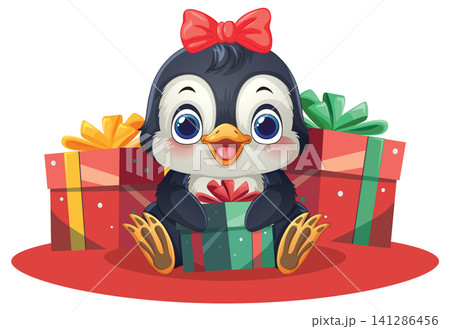 Cute Cartoon Penguin with Red Bow and Christmas Gift Boxes 141286456