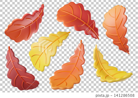 Set of 3D fall autumn oak leaves in orange, red and yellow colors isolated on background. Foliage elements for seasonal design, autumn decoration, harvest graphics, Halloween, Thanksgiving banners. 3d Set of 3D fall autumn oak leaves in orange, red and yellow colors isolated on background. Foliage elements for seasonal design, autumn decoration, harvest graphics, Halloween, Thanksgiving banners. 3d 141286508