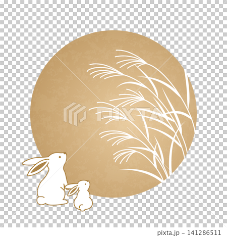 A Japanese-style background design for moon viewing: Autumn illustration featuring the full moon of the fifteenth night of the lunar month, a rabbit, and pampas grass. 141286511