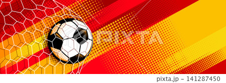 Vibrant Spain football background with red and yellow brush strokes and soccer ball composition. Energetic sports design inspired by Spanish national colors. Vibrant Spain football background with red and yellow brush strokes and soccer ball composition. Energetic sports design inspired by Spanish national colors. 141287450