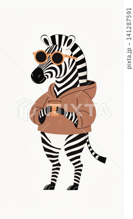 A fashionable anthropomorphic zebra wearing an oversized cinnamon-brown hoodie A fashionable anthropomorphic zebra wearing an oversized cinnamon-brown hoodie 141287591