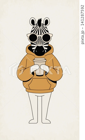 A fashionable anthropomorphic zebra wearing an oversized cinnamon-brown hoodie 141287592