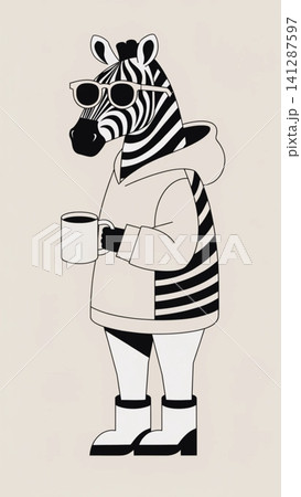 A fashionable anthropomorphic zebra wearing an oversized cinnamon-brown hoodie A fashionable anthropomorphic zebra wearing an oversized cinnamon-brown hoodie 141287597