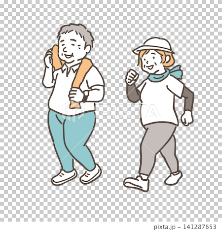 A simple illustration of a slightly overweight man and woman walking, in soft colors. A simple illustration of a slightly overweight man and woman walking, in soft colors. 141287653
