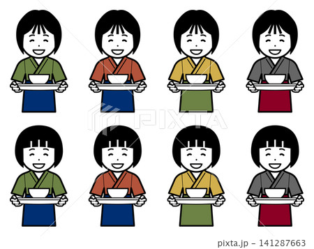 [色違い] 丼を運ぶ作務衣に前掛けの女性のアイコン 141287663