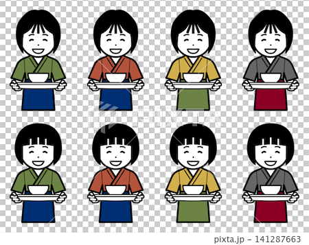 [色違い] 丼を運ぶ作務衣に前掛けの女性のアイコン 141287663