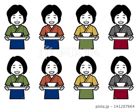 [髪型違い] [色違い] 丼を運ぶ作務衣に前掛けの女性のアイコン 141287664