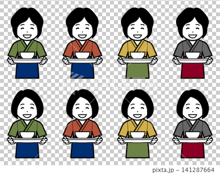 [Different hairstyle] [Different color] Icon of a woman in a samue (traditional Japanese work clothes) and apron carrying a bowl. 141287664