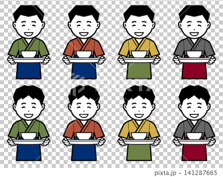 [Alternate color] Icon of a man in a samue (traditional Japanese work clothes) and apron carrying a bowl. 141287665