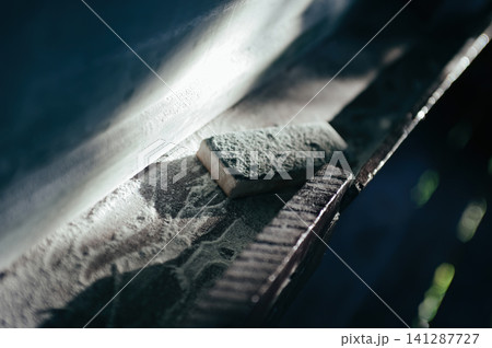 dirty board eraser lay on wooden black board rial in sunlight 141287727