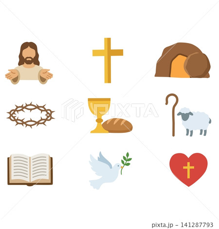 Christian religion flat icon set featuring Jesus Christ, cross, empty tomb, crown of thorns, communion, shepherd staff, Bible, dove of peace and faith symbols Christian religion flat icon set featuring Jesus Christ, cross, empty tomb, crown of thorns, communion, shepherd staff, Bible, dove of peace and faith symbols 141287793