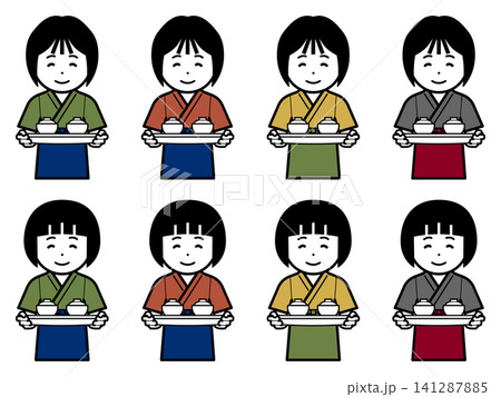 [色違い] 汁椀を運ぶ作務衣に前掛けの女性のアイコン 141287885