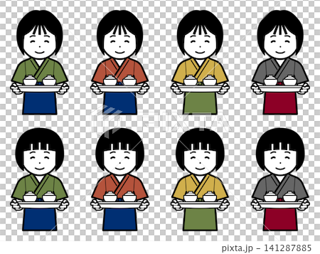 [不同顏色] 身穿三衣（日本傳統工作服）和圍裙，手捧湯碗的女性圖示。 141287885