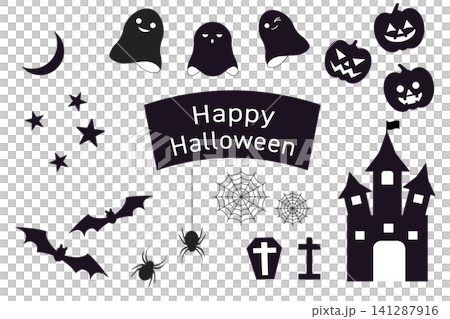 Halloween icon and silhouette set (ghost, pumpkin, bat, castle, spiderweb) Halloween icon and silhouette set (ghost, pumpkin, bat, castle, spiderweb) 141287916