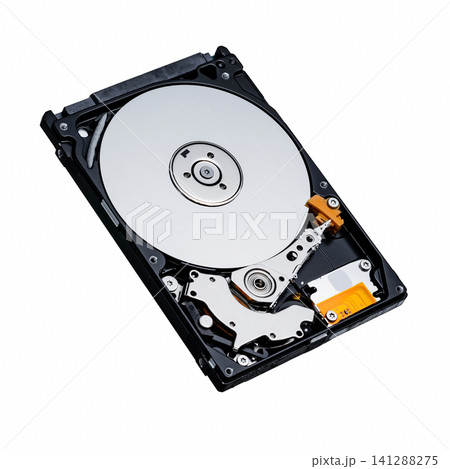 a computer's hard disk HDD data storage drive without a shield isolated in a white background shows magnetic disc and electronic parts inside a computer's hard disk HDD data storage drive without a shield isolated in a white background shows magnetic disc and electronic parts inside 141288275