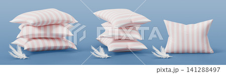 Feather pillow 3d set with pink white striped cotton pillowcase isolated on blue render background. Soft down rectangular cushion stacks for bedroom interior design, healthy sleep. 3D illustration 141288497
