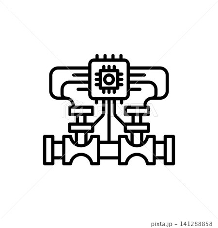 Line icon of engine valves controlled by a microprocessor, representing electronic fuel injection or valve timing adjustment. 141288858