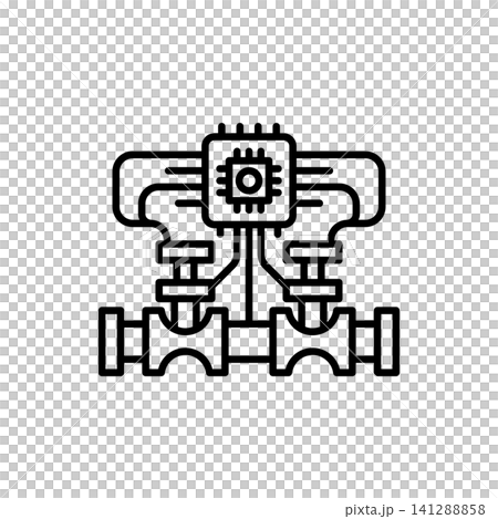 Line icon of engine valves controlled by a microprocessor, representing electronic fuel injection or valve timing adjustment. 141288858
