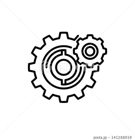 ine icon representing interlocking gears, symbolizing manual gearbox, gear ratio, transmission, and mechanical rotation. 141288919
