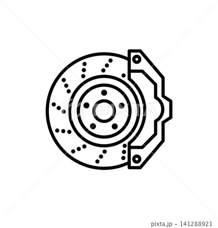 Detail-oriented line icon of a high-performance brake system with a slotted/drilled rotor and multi-piston caliper, representing stopping power and safety. Detail-oriented line icon of a high-performance brake system with a slotted/drilled rotor and multi-piston caliper, representing stopping power and safety. 141288921