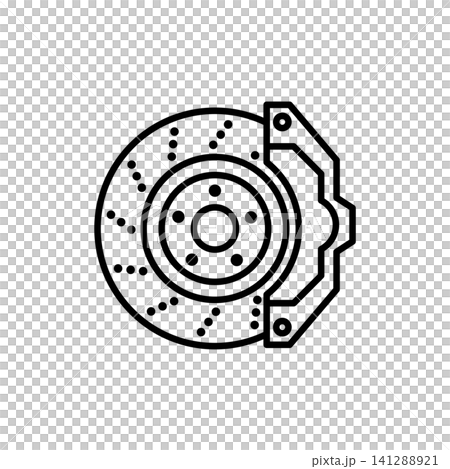 Detail-oriented line icon of a high-performance brake system with a slotted/drilled rotor and multi-piston caliper, representing stopping power and safety. Detail-oriented line icon of a high-performance brake system with a slotted/drilled rotor and multi-piston caliper, representing stopping power and safety. 141288921