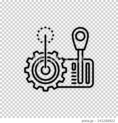 Line icon representing a manual gear shifter alongside a gear pattern diagram, symbolizing gear selection, transmission control, and driving. Line icon representing a manual gear shifter alongside a gear pattern diagram, symbolizing gear selection, transmission control, and driving. 141288922