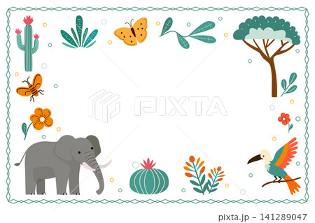 Jungle-themed border frame with elephant, toucan, plants, and insects for nature background Jungle-themed border frame with elephant, toucan, plants, and insects for nature background 141289047
