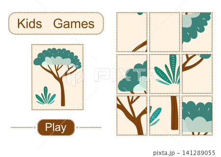 Kids puzzle game featuring tree illustration with separate pieces, suitable for educational use Kids puzzle game featuring tree illustration with separate pieces, suitable for educational use 141289055