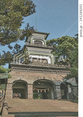 青空の下で見上げる尾山神社のノスタルジックな神門 青空の下で見上げる尾山神社のノスタルジックな神門 141289201