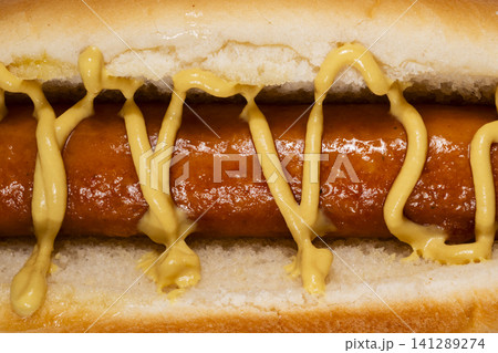Delicious sausage sandwich with mustard topping 141289274