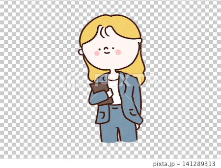 A businesswoman in a suit, holding a file in one hand. A businesswoman in a suit, holding a file in one hand. 141289313