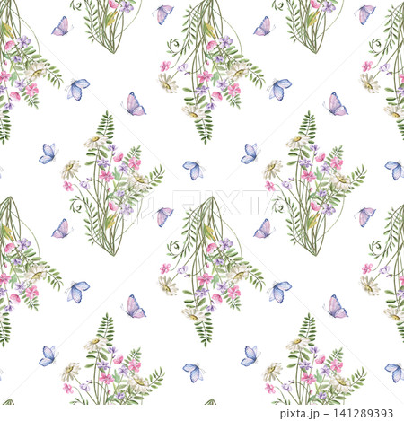 A watercolor pattern featuring bouquets of wildflowers and butterflies on a dark background. Perfect for fabric design, packaging, cards, home decor prints, and fashion blogs. A watercolor pattern featuring bouquets of wildflowers and butterflies on a dark background. Perfect for fabric design, packaging, cards, home decor prints, and fashion blogs. 141289393
