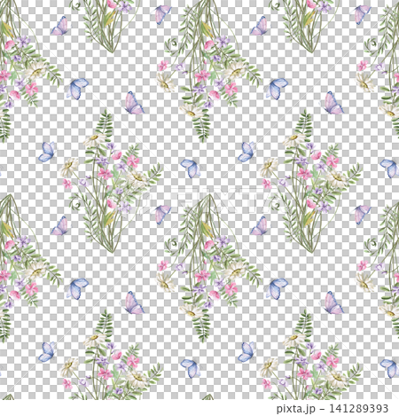 A watercolor pattern featuring bouquets of wildflowers and butterflies on a dark background. Perfect for fabric design, packaging, cards, home decor prints, and fashion blogs. A watercolor pattern featuring bouquets of wildflowers and butterflies on a dark background. Perfect for fabric design, packaging, cards, home decor prints, and fashion blogs. 141289393