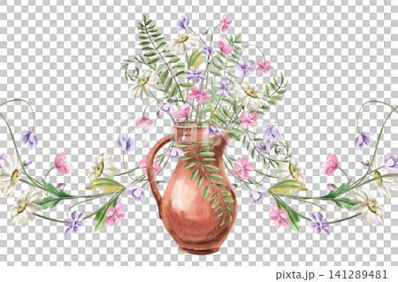A clay jug with wildflowers in a seamless border. This isolated watercolor illustration is perfect for invitations, cards, wedding decor, nature blogs, and crafts. 141289481