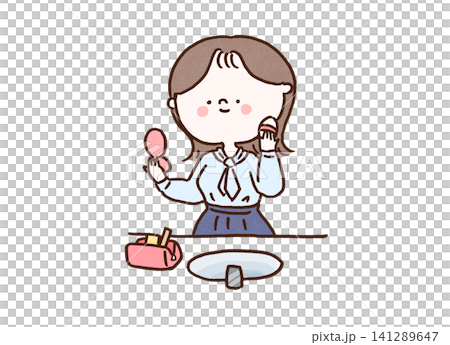 一位女士在浴室洗手台旁打開化妝包，補妝（梳妝打扮）。 141289647