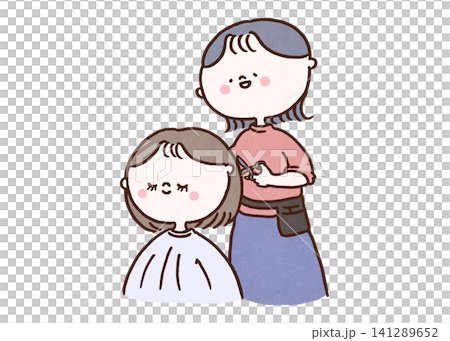 A female hairdresser (hair salon) gently cuts a customer's hair with a smile. A female hairdresser (hair salon) gently cuts a customer's hair with a smile. 141289652