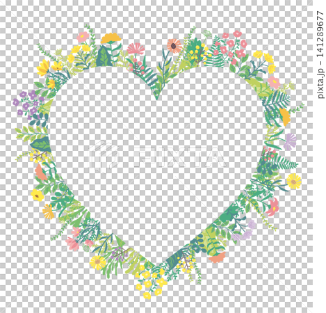 A frame with flowers and plants cut out in a heart shape. Warm colors reminiscent of spring. A frame with flowers and plants cut out in a heart shape. Warm colors reminiscent of spring. 141289677