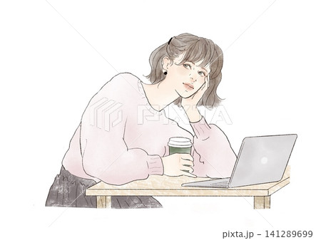 カフェでノートパソコンを使って仕事をする女性 作業 リモートワーク カフェでノートパソコンを使って仕事をする女性 作業 リモートワーク 141289699