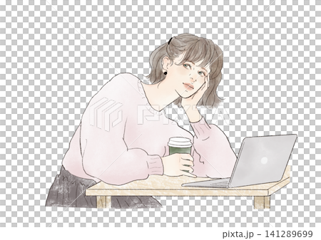 カフェでノートパソコンを使って仕事をする女性 作業 リモートワーク カフェでノートパソコンを使って仕事をする女性 作業 リモートワーク 141289699