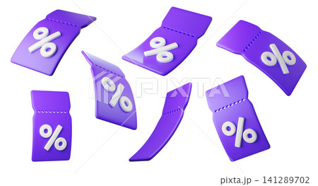 Set of Flying purple 3d discount tags with percent signs, isolated on background. Different coupon labels for promotion, sales, banners. 3d render Set of Flying purple 3d discount tags with percent signs, isolated on background. Different coupon labels for promotion, sales, banners. 3d render 141289702