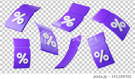 Set of Flying purple 3d discount tags with percent signs, isolated on background. Different coupon labels for promotion, sales, banners. 3d render Set of Flying purple 3d discount tags with percent signs, isolated on background. Different coupon labels for promotion, sales, banners. 3d render 141289702