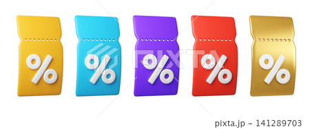 Set of 3d color discount coupon tickets with percent symbol, isolated on background. Template Blank voucher for sale, promotion concept, online shopping. 3d render Set of 3d color discount coupon tickets with percent symbol, isolated on background. Template Blank voucher for sale, promotion concept, online shopping. 3d render 141289703