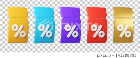Set of 3d color discount coupon tickets with percent symbol, isolated on background. Template Blank voucher for sale, promotion concept, online shopping. 3d render Set of 3d color discount coupon tickets with percent symbol, isolated on background. Template Blank voucher for sale, promotion concept, online shopping. 3d render 141289703