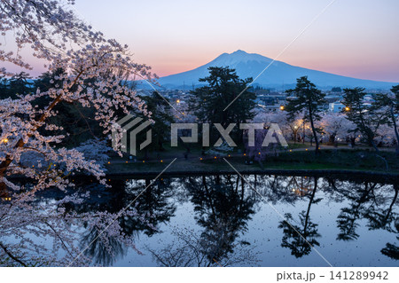 青森県弘前市下白銀町弘前公園 弘前城天守台から蓮池濠の桜並木と夕焼けの岩木山のシルエット 青森県弘前市下白銀町弘前公園 弘前城天守台から蓮池濠の桜並木と夕焼けの岩木山のシルエット 141289942