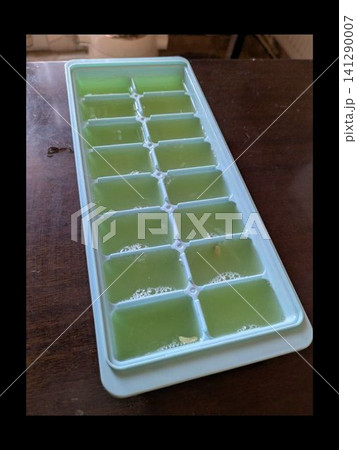 Green liquid fills a plastic ice cube tray Green liquid fills a plastic ice cube tray 141290007