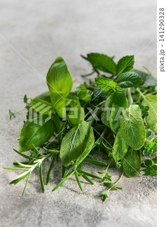 Fresh culinary herbs creating healthy cooking and seasoning concept Fresh culinary herbs creating healthy cooking and seasoning concept 141290328